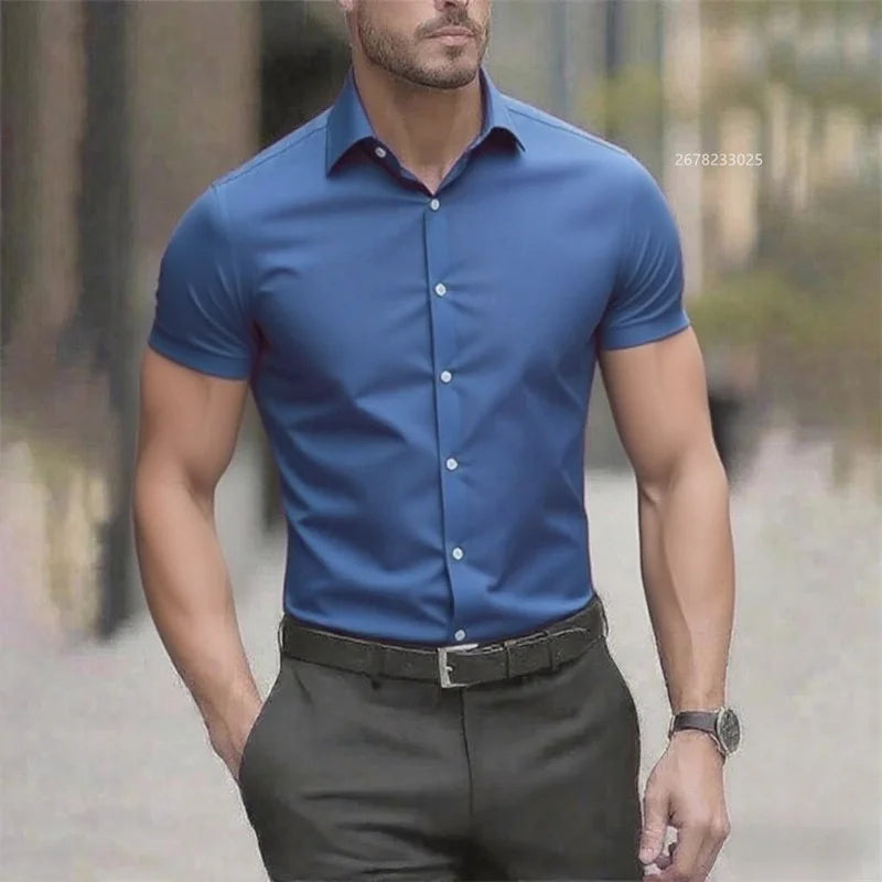 Solid color men's shirt casual shirt, high quality solid color short sleeve stretch fabric, business formal shirt, XS-6XL size