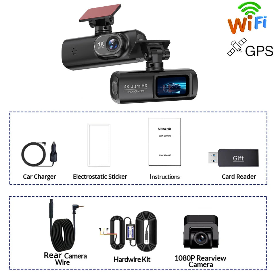 E-ACE Dash Cam 4K Car Video Recorder 170 ° Super Large Angle WIFI GPS 24H Parking Monitoring Car DVR 1080P Rear Camera Black Box