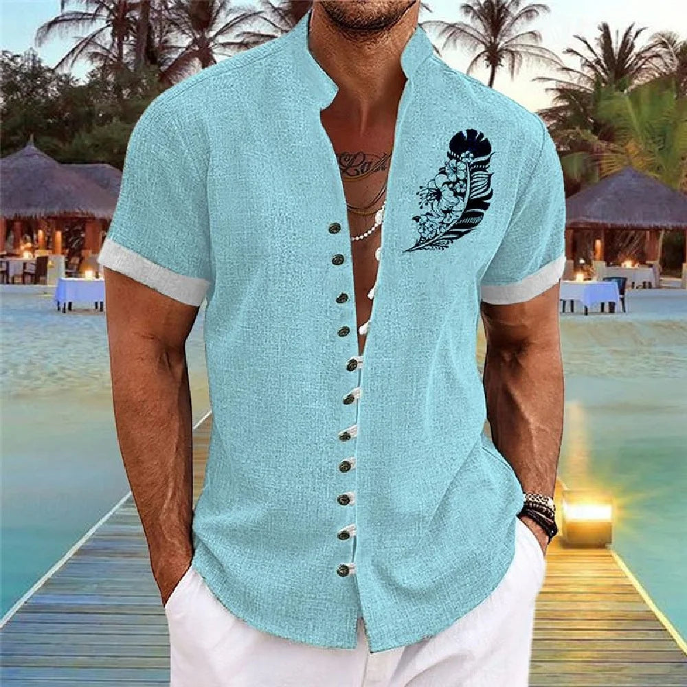 New men's linen short-sleeved shirt, with a fashionable retro style, ethnic motif printing, comfortable and breathable. Men's sh