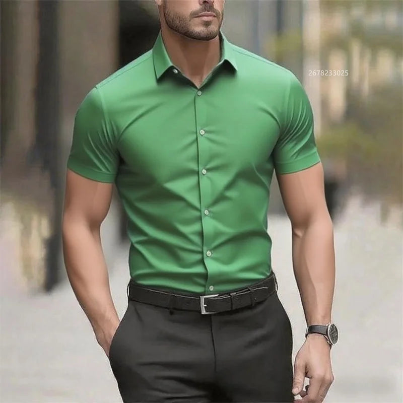 Solid color men's shirt casual shirt, high quality solid color short sleeve stretch fabric, business formal shirt, XS-6XL size