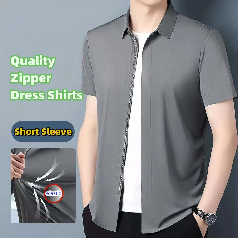 Quality Zipper Dress Shirts for Men Short Sleeve Business Non-iron Wrinkle Resistance Elastic Top New Western-style Formal Shirt