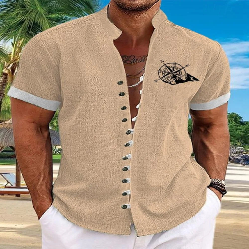 New men's linen short-sleeved shirt, with a fashionable retro style, ethnic motif printing, comfortable and breathable. Men's sh