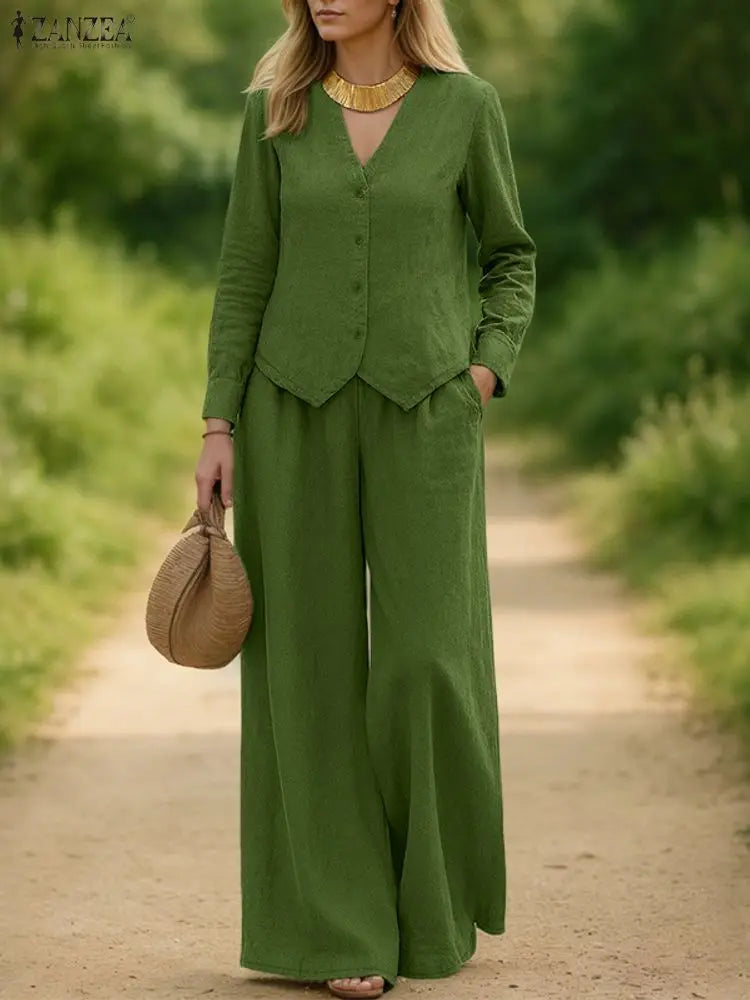 Fashion Autumn Pant Sets ZANZEA Women 2025 Matching Sets Elegant V Neck Long Sleeve Tops Pant Suit Casual Solid OL Work Outfits