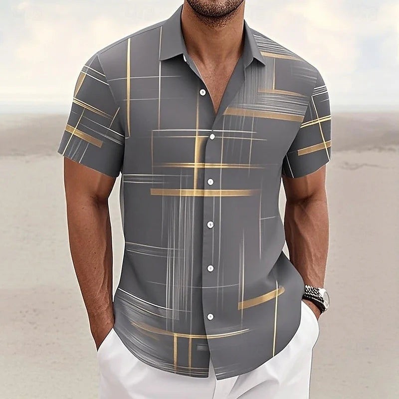 Men's Geometric Grid/Plaid Shirt Button-Down Shirt Short Sleeve Fashion Casual Resort Streetwear Summer Lapel 3D Printed Shirt