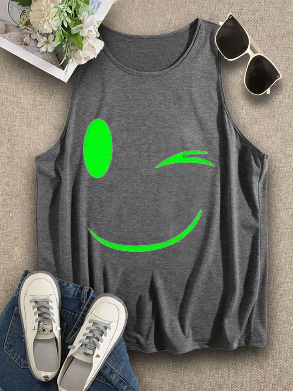 Loose plus size wing pattern printed round neck white vest summer casual sleeveless top women's clothing