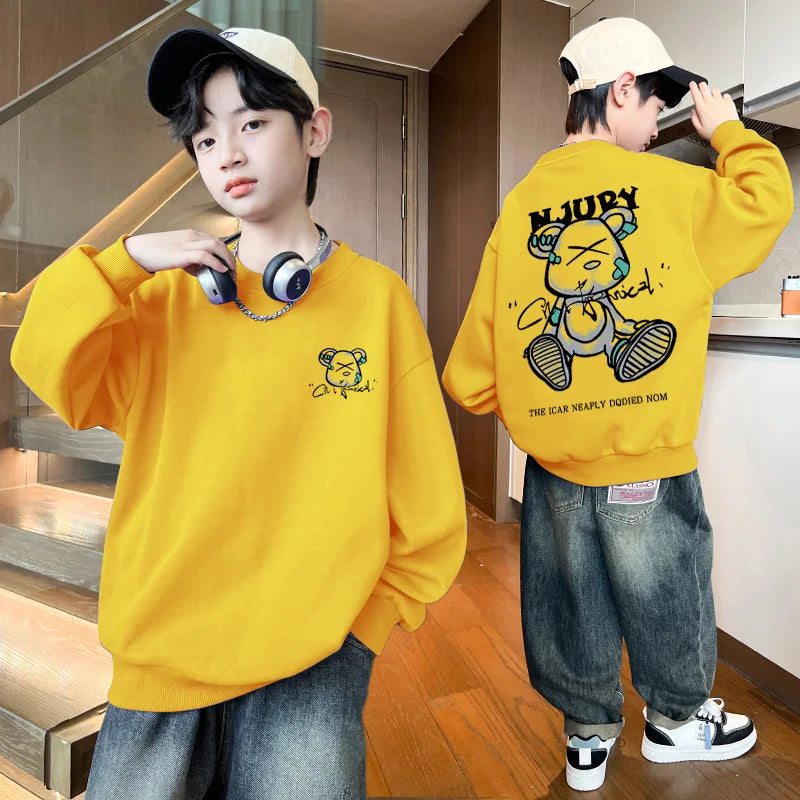 2025 Kids Clothes Boys Cartoon Bear Sweatshirts Loose Sports Round Neck Tops Autumn Clothing T Letter Printed Long-sleeve Hoodie