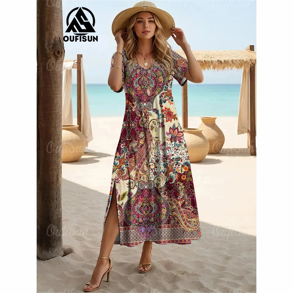 Elegant Womens Dresses Summer V-Neck Women's Clothing Vintage Woman Long Dress Fashions Evening Dress Loose Oversize Pullover