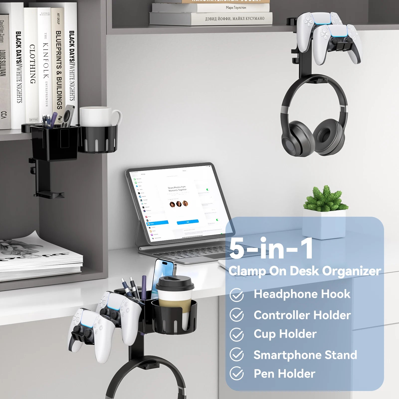 Rotatable Controller Stand 5 in 1 Under Desk Clamp Headphone Hanger Replaceable Cup Holder Compatible with Universal Headset
