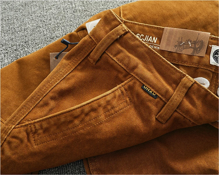 Retro heavy simple cargo pants men's loose straight leg casual pants pure cotton twill woven 3D vertical cut cone pants