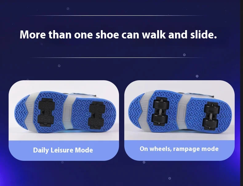 2025 New children's four-wheel novice light up rotary button automatic shrinkage fast walking shoes for boys sneakers