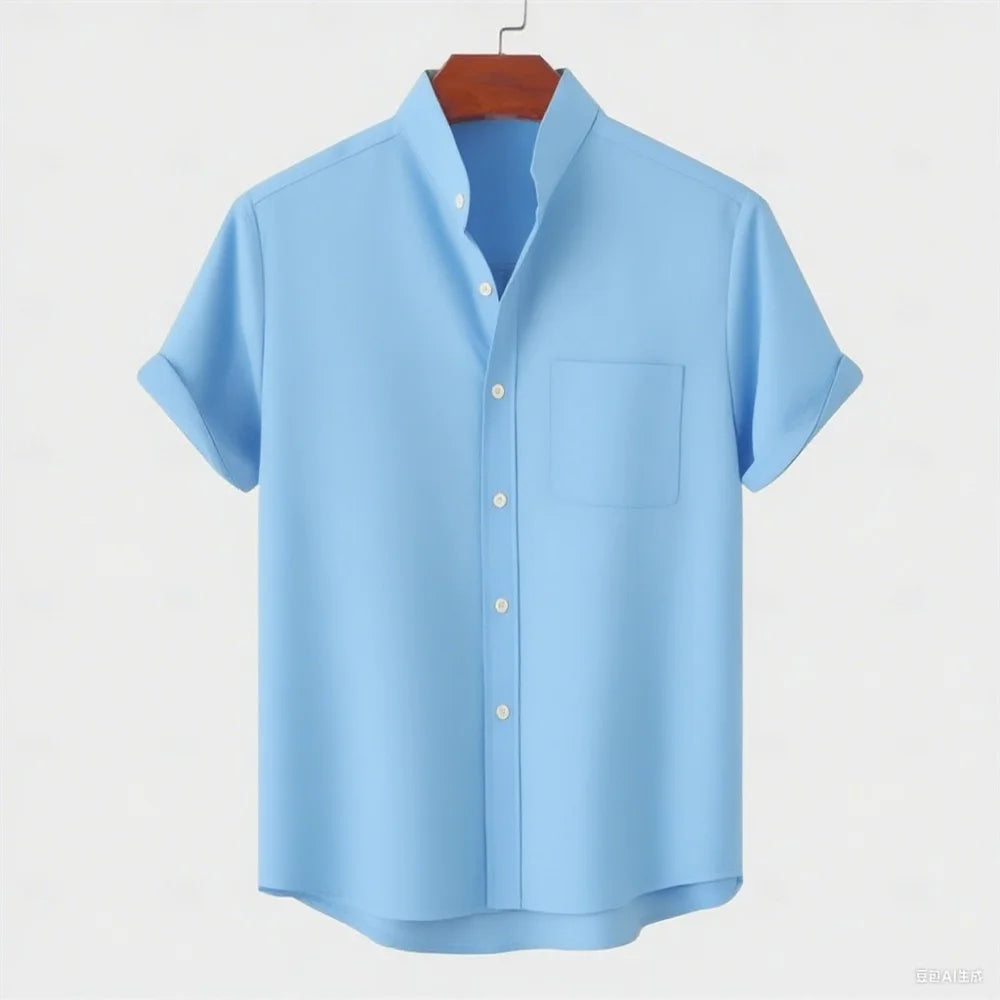 Summer new men's pure-color linen short-sleeved collared shirt - Casual enhanced version men's shirt - Fast shipping