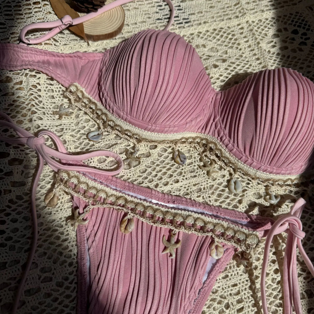 Shell Scalloped Wrinkled Underwired Bra Cup Bikini Female Swimsuit Women Swimwear Two-pieces Bikini Set Push Up Bathing Suit