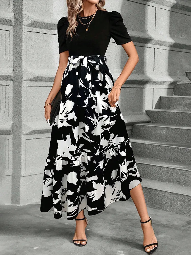 Elegant Floral Print Round Neck Long Dresses Women Short Sleeve High Waist Lace-up Office Lady Holiday Party Dresses Vestidos