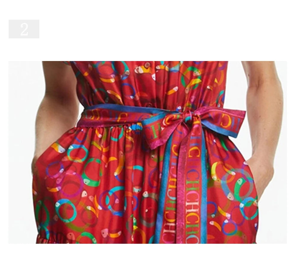 CHCH 2024 Women Elegant Floral Print Long Dresses Summer Midi V Neck Lace-up Dress Female Casual Short Sleeve Dress Vestidos