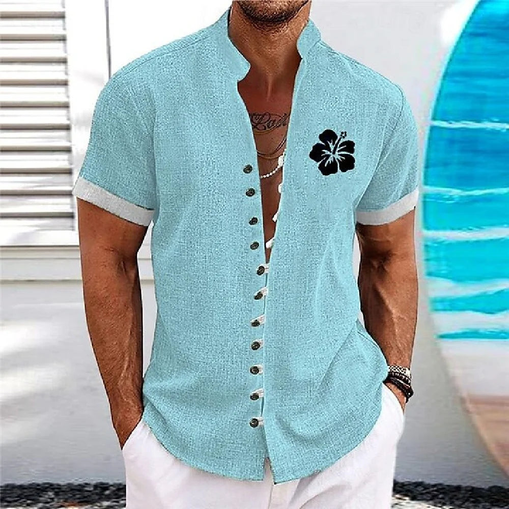 New men's linen short-sleeved shirt, with a fashionable retro style, ethnic motif printing, comfortable and breathable. Men's sh