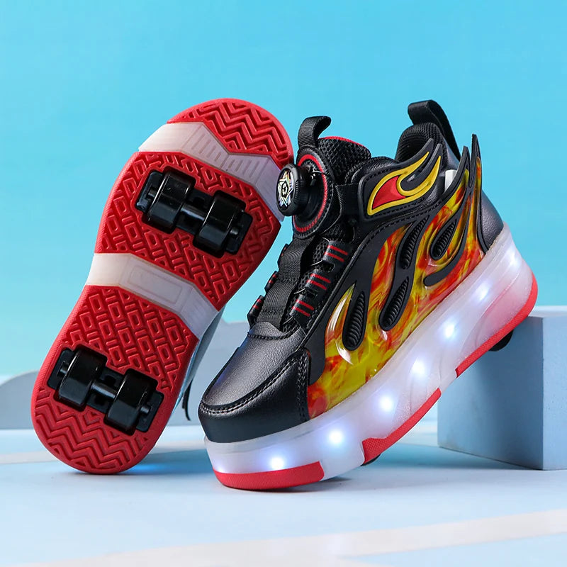 2025 New children's four-wheel novice light up rotary button automatic shrinkage fast walking shoes for boys sneakers
