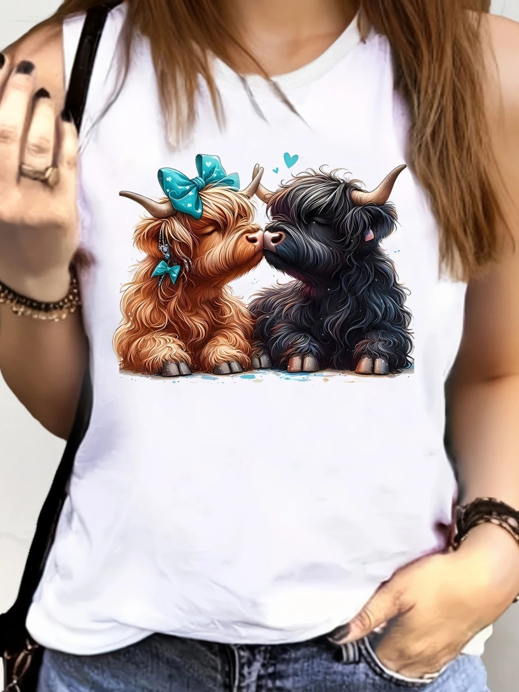 Loose plus size wing pattern printed round neck white vest summer casual sleeveless top women's clothing