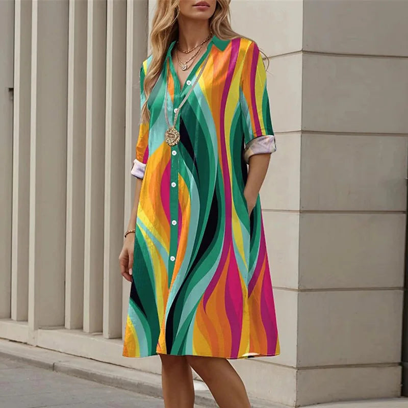 Vintage Printed Shirt Dress Women Casual Loose Straight Midi Dresses Plus Size Women Elegant Coforful Beach Party Dress 2024