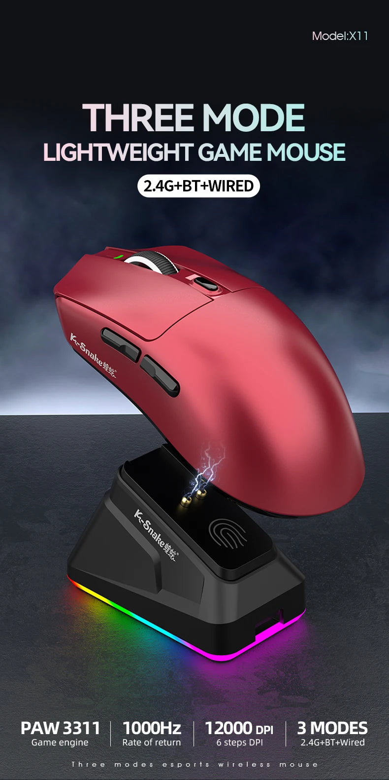 X11 PAW3311 Tri-Mode Bluetooth Mouse 12000 DPI Wireless Mouse Gaming Mouse RGB Touch Magnetic Charging Base BT/2.4G/Wired Mice