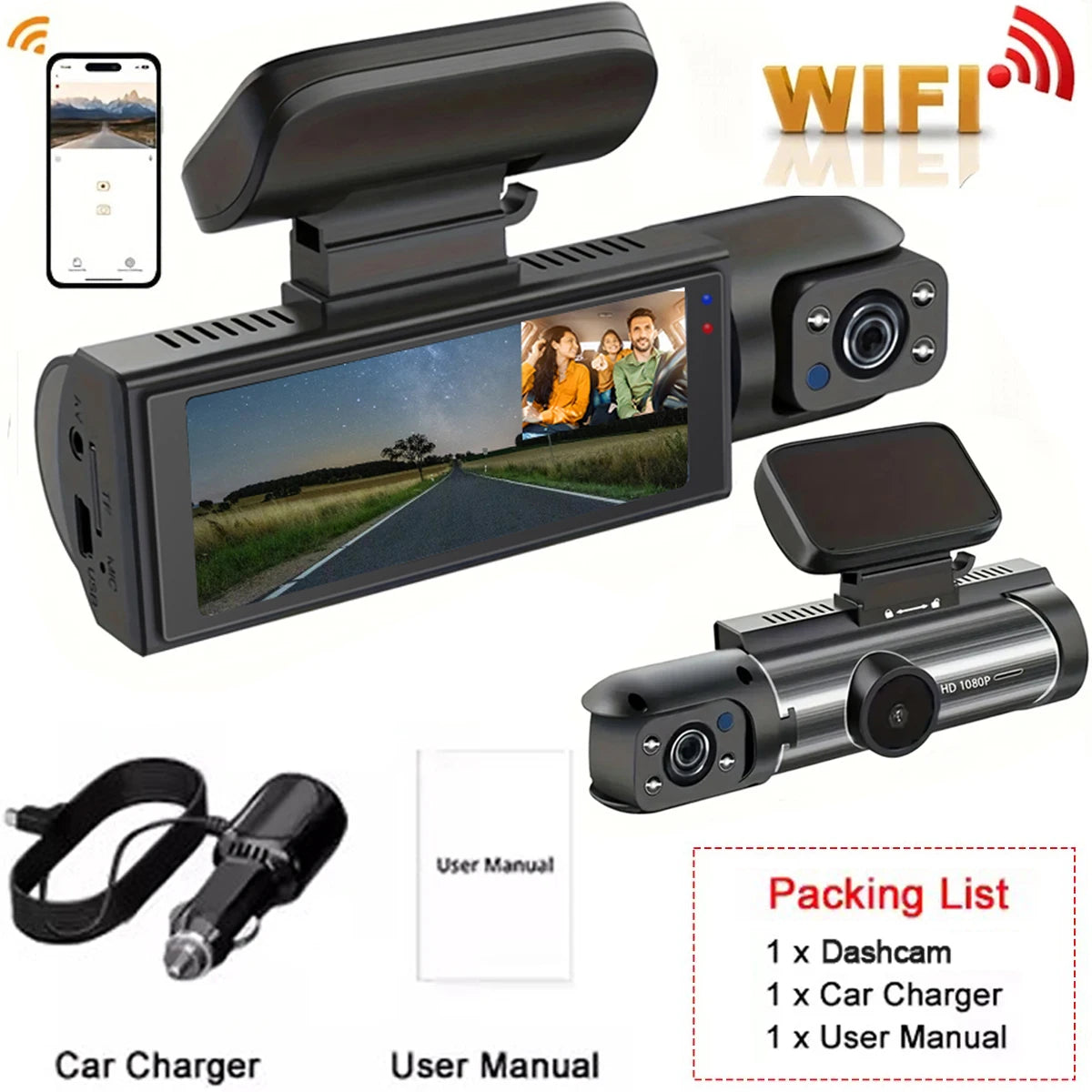 Dash Cam for cars 1080P Car DVR Video Recorder Dual car camera Front Inside View Camera Loop Recording WiFi Monitor Dashcam
