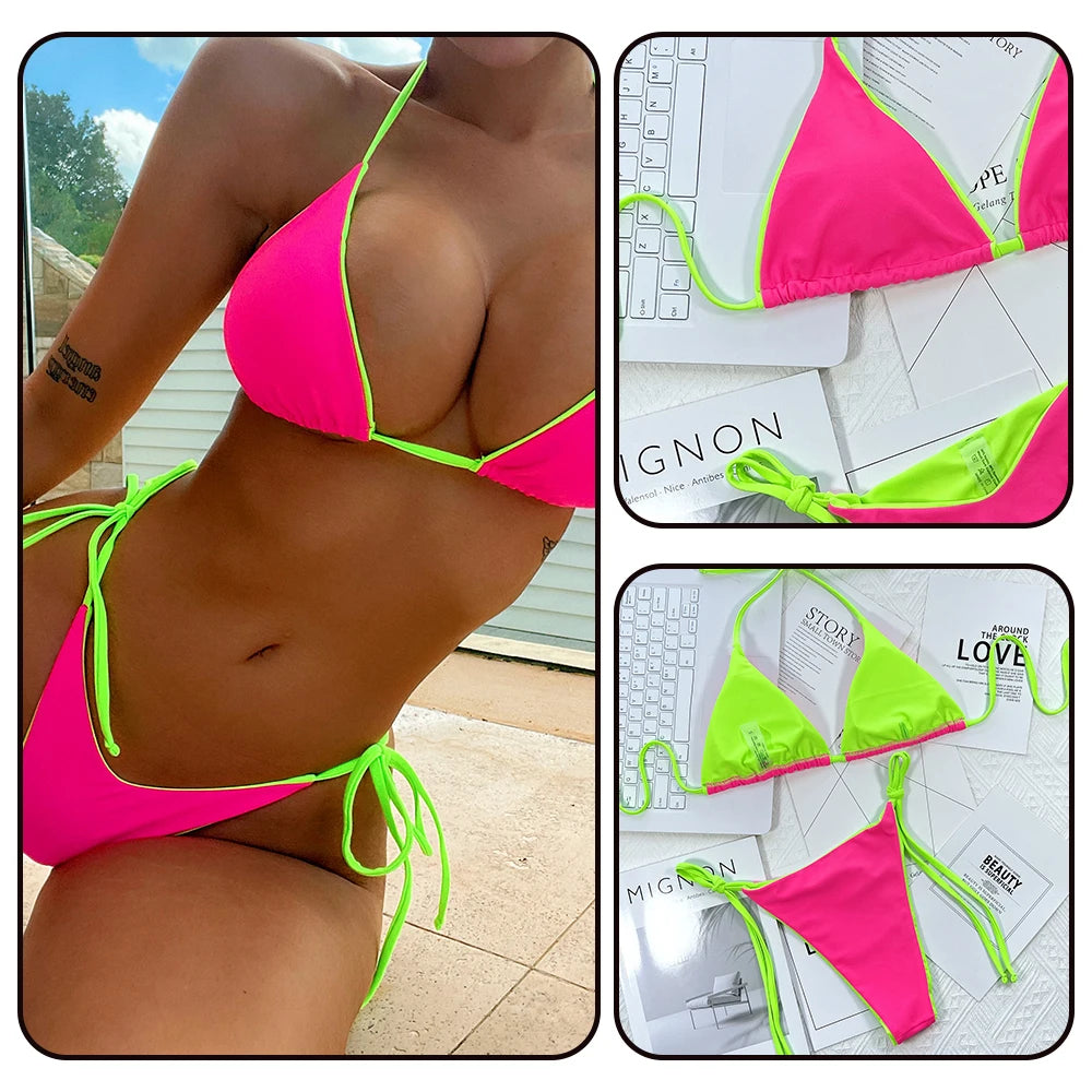 Una-Shop Neck Hanging Bikinis Sets With Adjustable Straps Swimsuit For Women Summer Beach Swimming Pool Party Bikini Swimwear