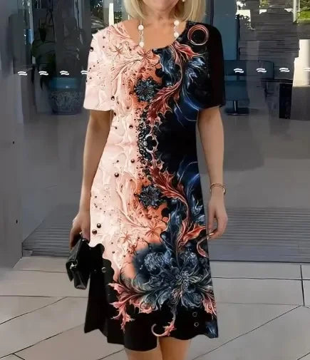 Summer Women'S Dresses 3d Art Flowers Printed Short Sleeve Clothing Elegant Loose A-Line Skirt Fashion Lady Large Size Dress