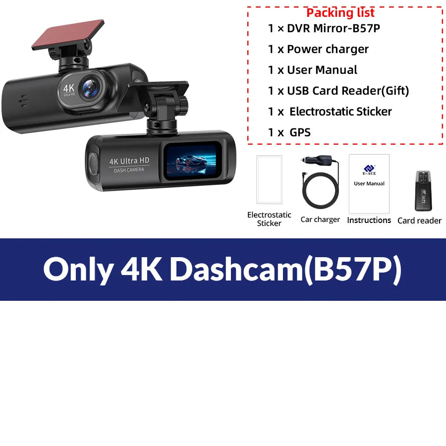 E-ACE Dash Cam 4K Car Video Recorder 170 ° Super Large Angle WIFI GPS 24H Parking Monitoring Car DVR 1080P Rear Camera Black Box