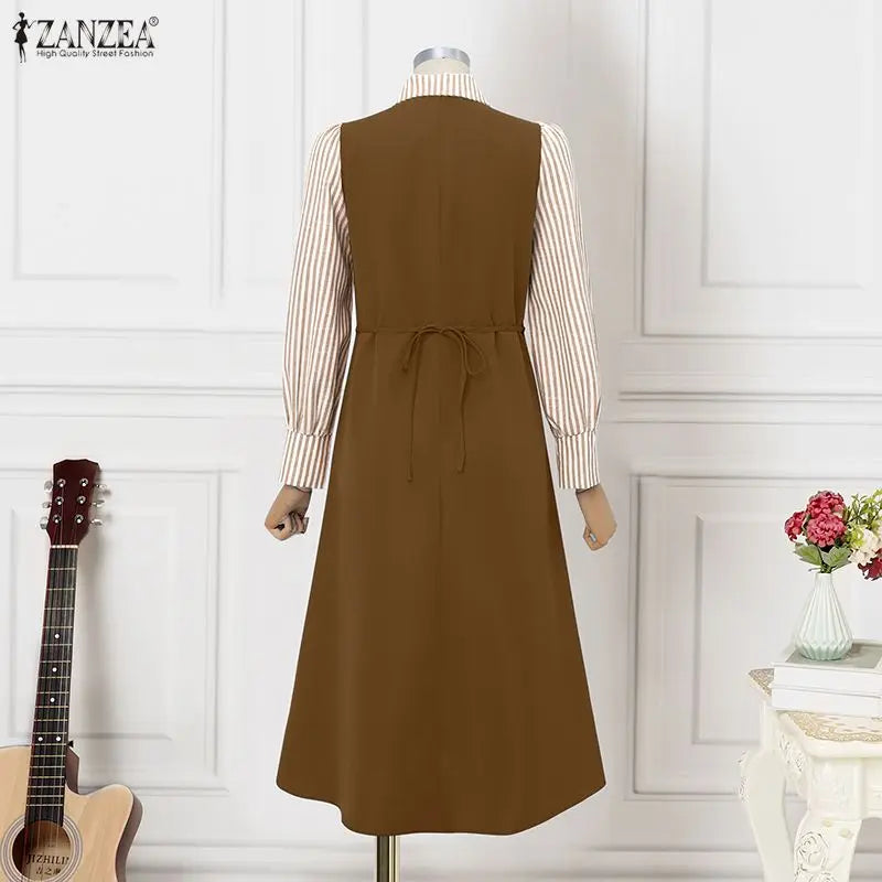 ZANZEA Women Long Shirt Dresses Autumn Long Sleeve Striped Fake 2 Piece Shirts Maxi Robe Fashion Elegant Office Party Vestidos