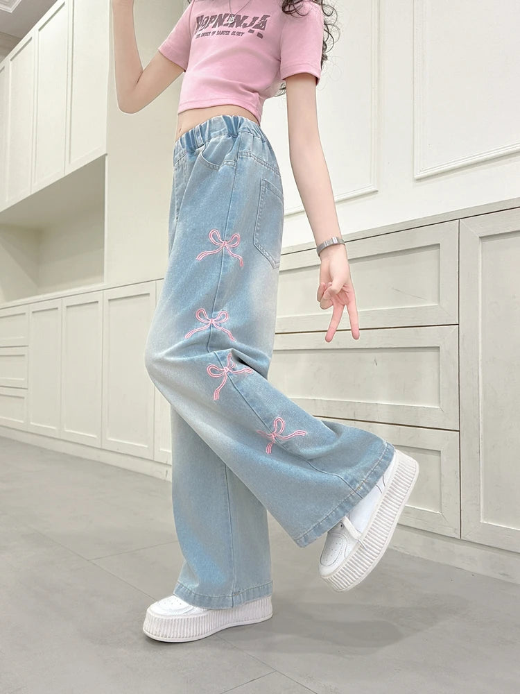 Autumn Kids Child Straight Jeans with Bows on The Side for Teens Girls Fashion Loose Fit Denim Pants Child Casual Jeans Trousers