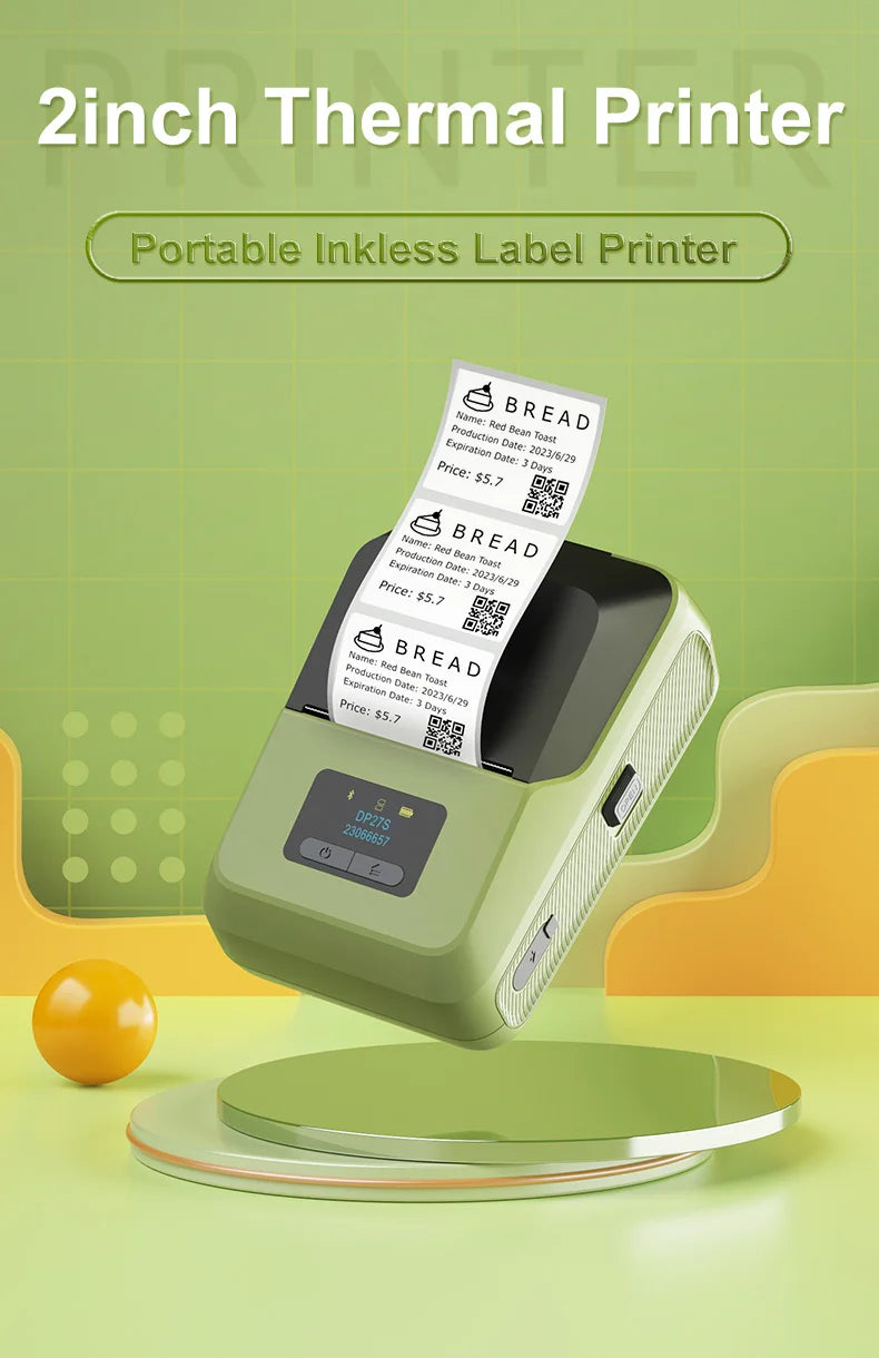 DETONGER DP27S 2inch Mini Thermal Printer No Ink Wireless Connect Compatible iOS Android for Home&Office Cable Sticker Printer
