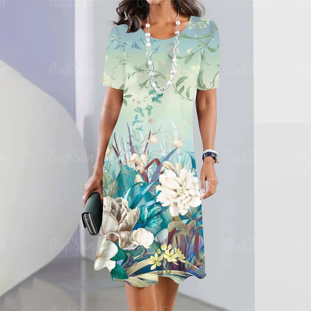Summer Women'S Dresses 3d Art Flowers Printed Short Sleeve Clothing Elegant Loose A-Line Skirt Fashion Lady Large Size Dress