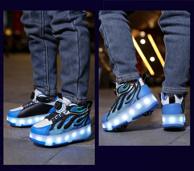 2025 New children's four-wheel novice light up rotary button automatic shrinkage fast walking shoes for boys sneakers