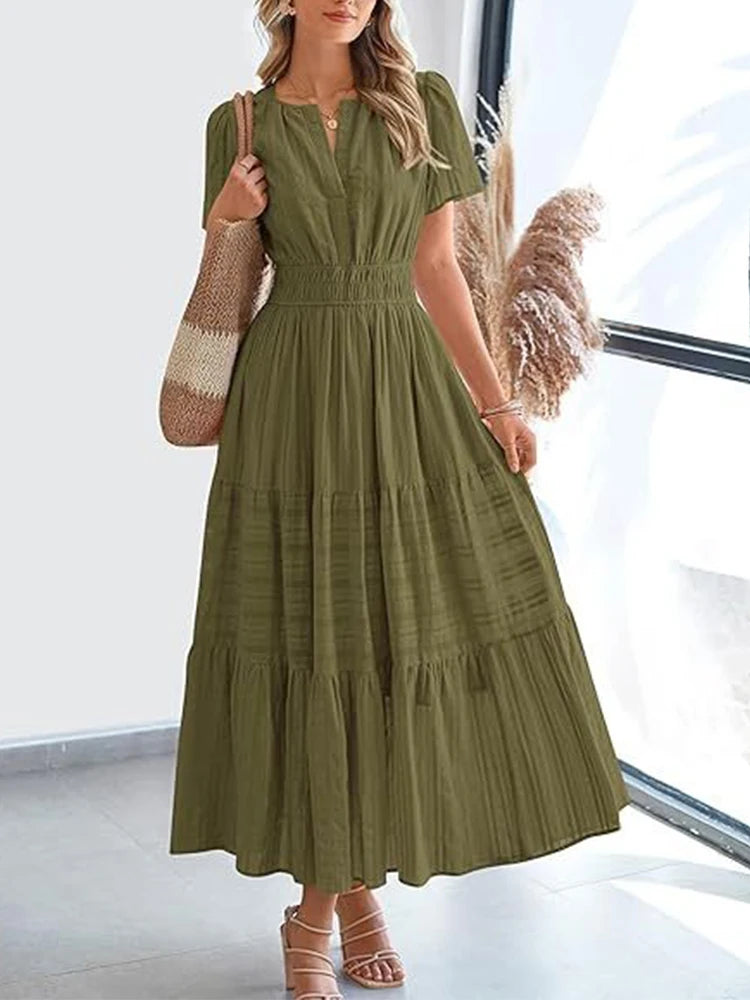 2025 Spring and Summer Cross border European and American Fashion Women's V-neck Folded Bubble Sleeve Layered Big Swing Dress