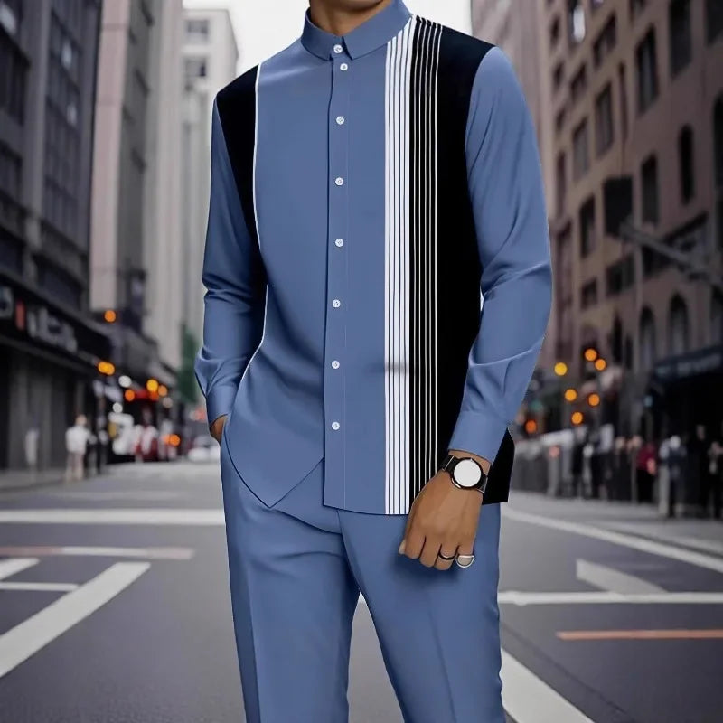 Men's Formal 2Pc Matching Suit Autumn New Long Sleeve Shirt Pants Fashion Business Casual Trendy Tailored Comfortable Outfit