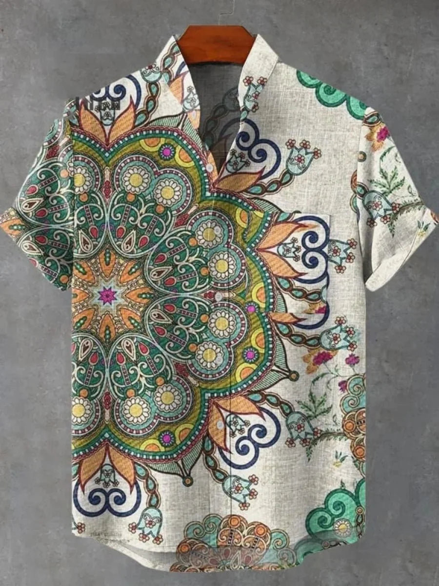 2025 Men's Mandala Flower Pattern Short Sleeve Shirt Summer Vintage New Linen Shirt men's Short Sleeve Leisure Holiday Streetwea
