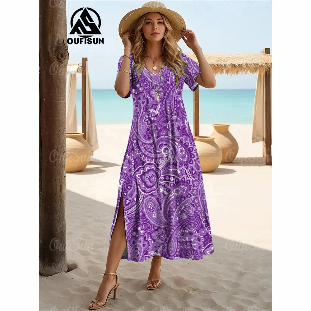 Elegant Womens Dresses Summer V-Neck Women's Clothing Vintage Woman Long Dress Fashions Evening Dress Loose Oversize Pullover