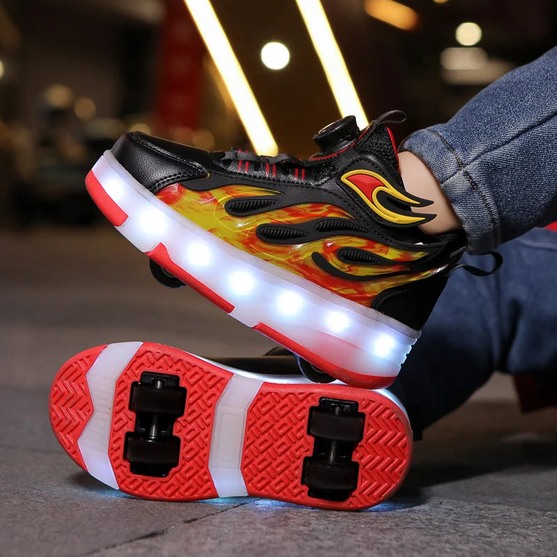 2025 New children's four-wheel novice light up rotary button automatic shrinkage fast walking shoes for boys sneakers