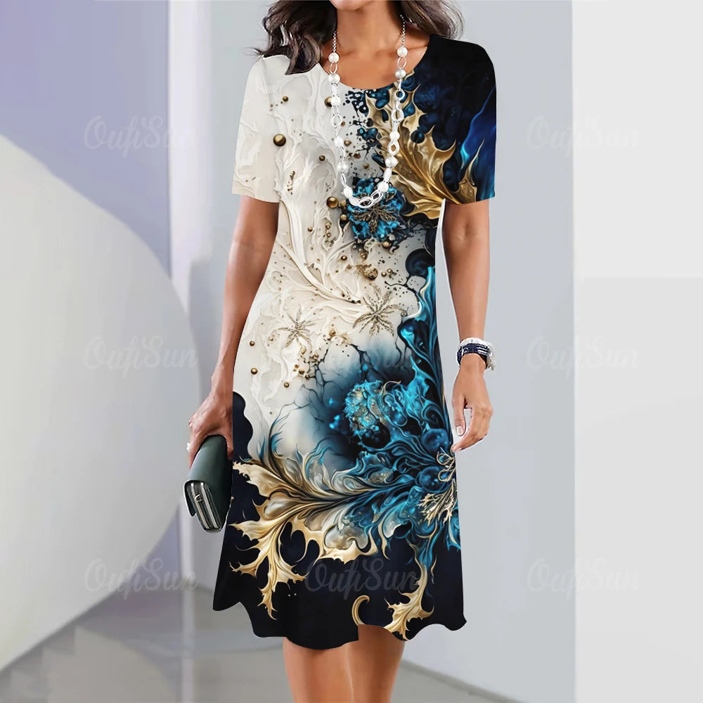 Summer Women'S Dresses 3d Art Flowers Printed Short Sleeve Clothing Elegant Loose A-Line Skirt Fashion Lady Large Size Dress