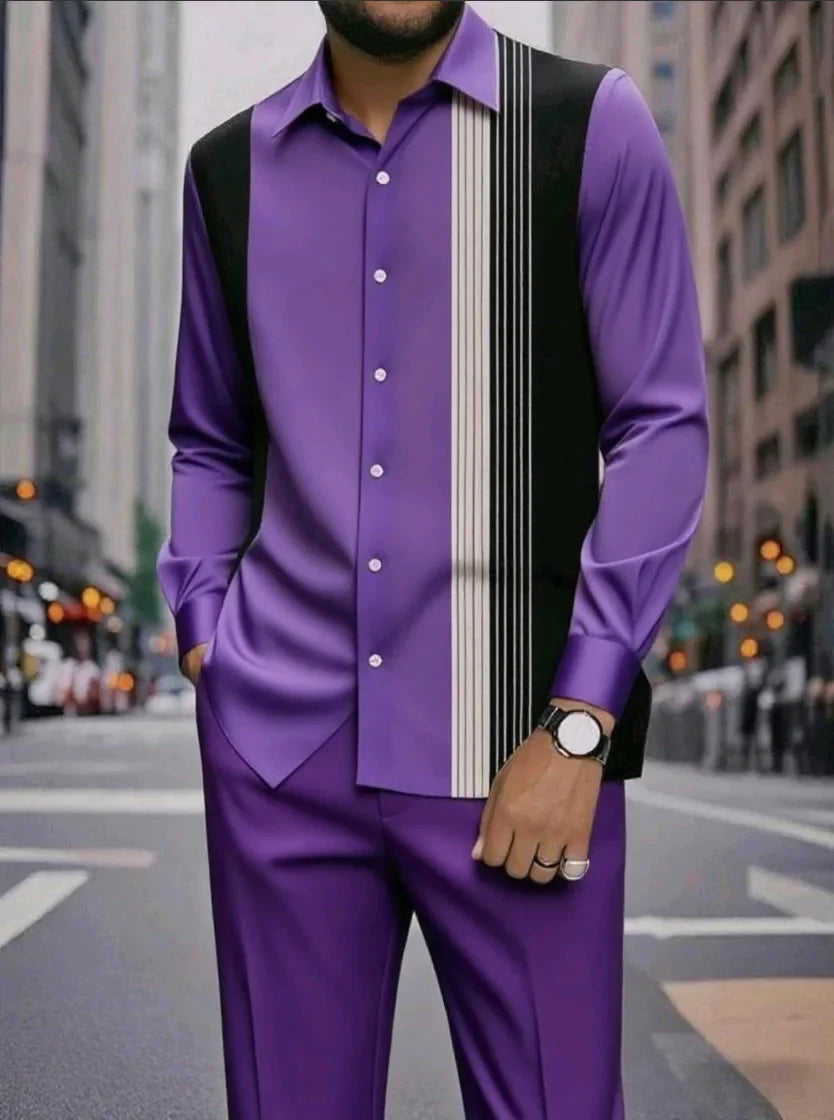 Men's Formal 2Pc Matching Suit Autumn New Long Sleeve Shirt Pants Fashion Business Casual Trendy Tailored Comfortable Outfit