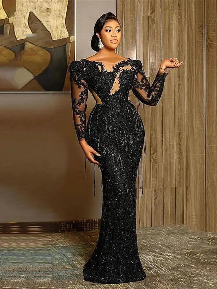 Customized Mermaid Sexy Black Evening Dresses Jewel Neck Lace Appliques Crystal Beaded Party Dress Long Sleeves Prom Gowns