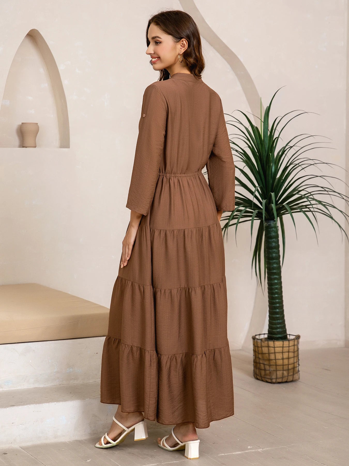 Women's casual dress, V-neck, three-quarter sleeves, half-opening, drawstring waist, layered A-line skirt, brown, elegant mature