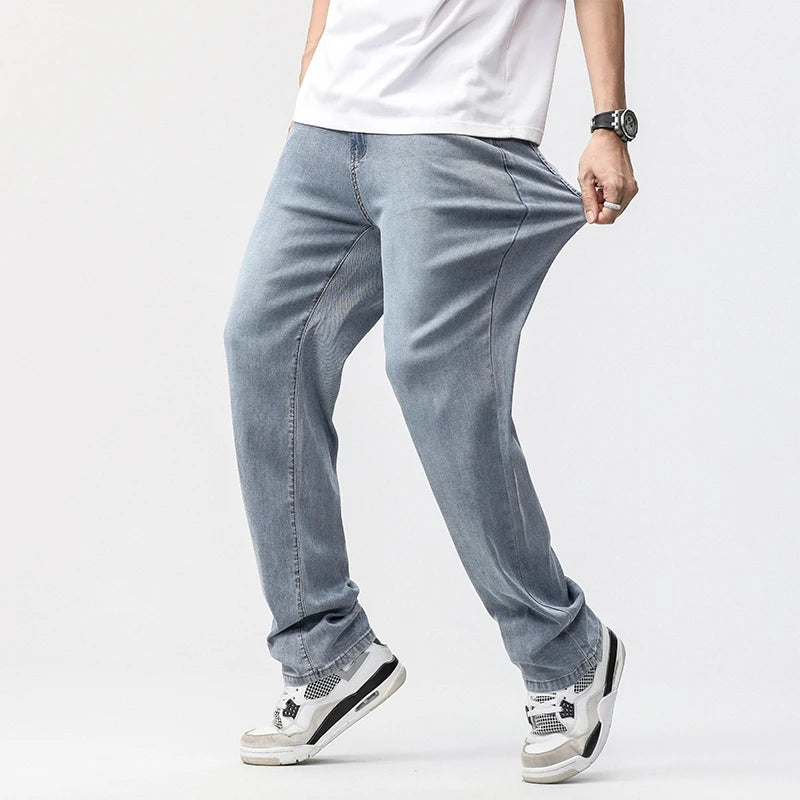 190cm Tall Man Jean Lyocell Wide Leg Denim Pant Male Extra Long Length 115cm 120cm Summer Big Clothes Light Stretch Straight Fit