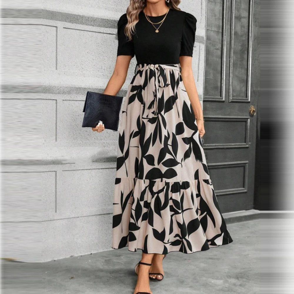 Elegant Floral Print Round Neck Long Dresses Women Short Sleeve High Waist Lace-up Office Lady Holiday Party Dresses Vestidos