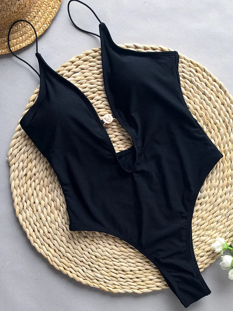 Sexy Deep V Neck Hollow Out One Piece Swimsuit Women Swimwear Female Backless Monokini High Cut Bather Bathing Suit Swim Lady