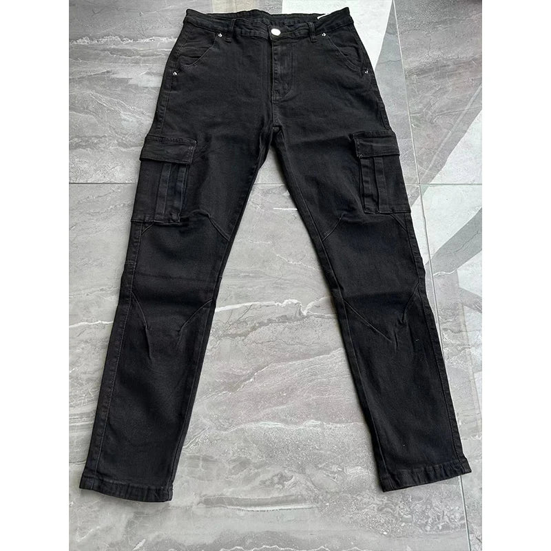 Men's Fahsion Elastic Skinny Cargo Pants Jeans Men Solid Color Multi Pockets Casual Slim Fit  Male Denim Trousers mens clothing