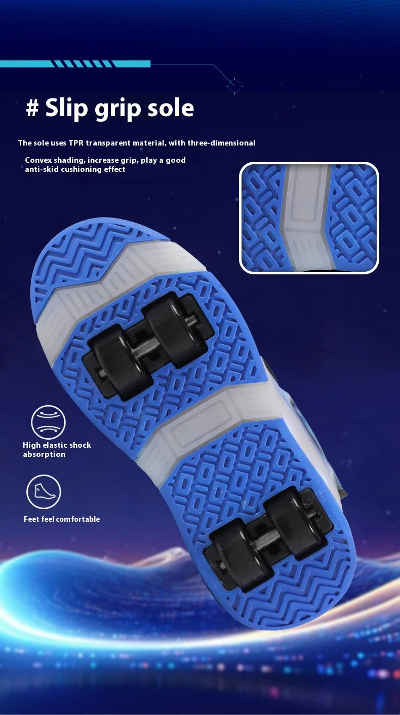 2025 New children's four-wheel novice light up rotary button automatic shrinkage fast walking shoes for boys sneakers