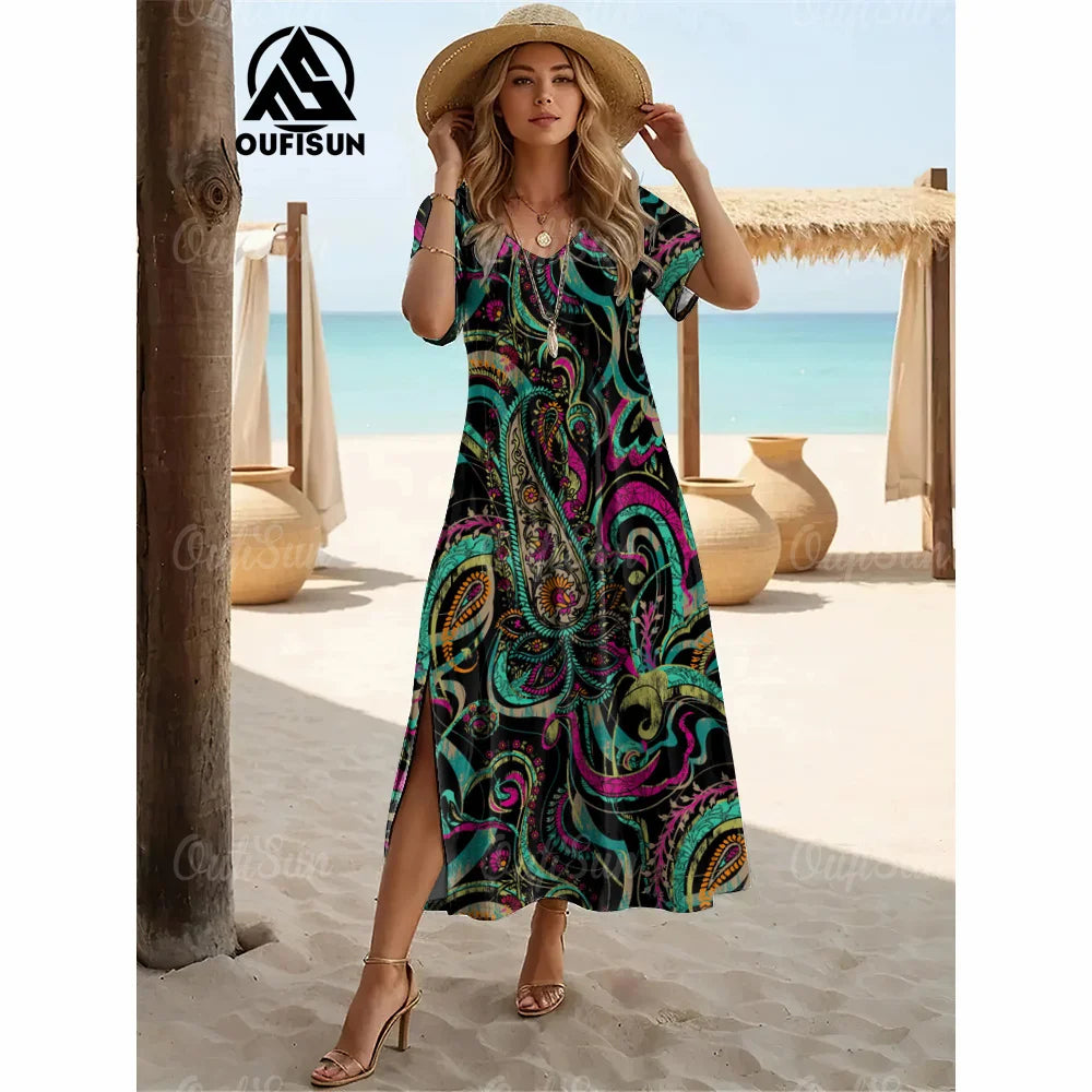 Elegant Womens Dresses Summer V-Neck Women's Clothing Vintage Woman Long Dress Fashions Evening Dress Loose Oversize Pullover