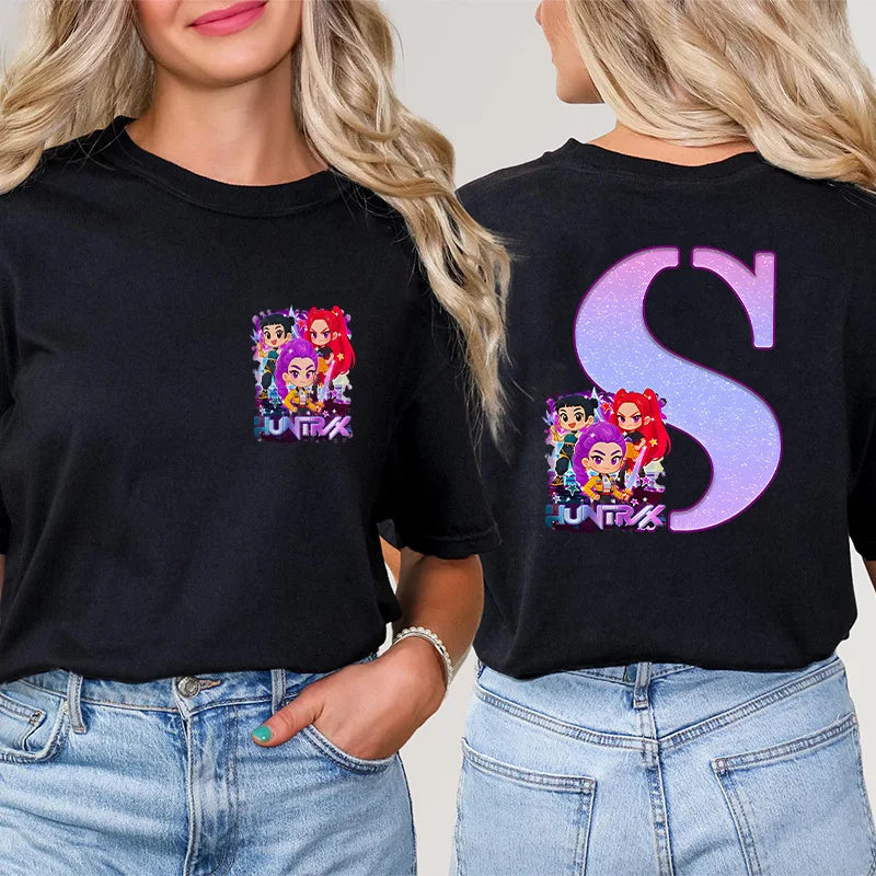 Fashion A-Z 26 Letter T-Shirts Kpop Demon Hunters Graphic Aesthetic Clothing Women T-Shirt Harajuku Female Clothing Y2k Tops