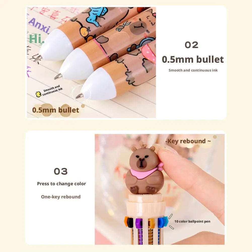 Kawaii Capybara Multicolor Pen 0.5mm Colorful Ink Pen Cute Cartoon Ballpoint Pen School Office Supplies Student Stationery Gifts
