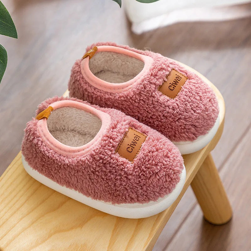 Children Cotton Slippers Solid Warm Kids Winter Home Shoes Boys Girls Plush Floor Shoes Indoor Soft Sole Anti-slip Cotton Shoes